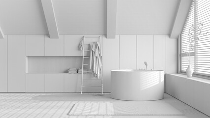 Total white project draft, attic interior design, minimal wooden bathroom with round bathtub and panoramic window. Towels and decors. Japandi scandinavian style