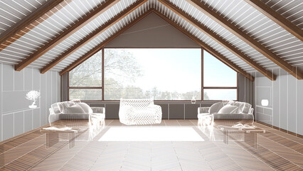 Empty white and wooden interior with parquet floor and beams ceiling, custom architecture design project, white ink sketch, blueprint showing minimal japandi living room