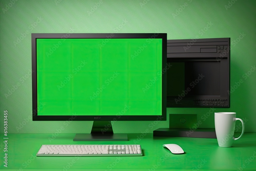 Aufkleber desktop computer with a green screen on a desk. generative ai