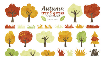 秋の木と草のイラストセット（水彩風）