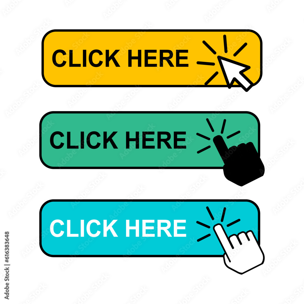Aufkleber set of click here web button, internet flat pointer design, press link vector illustration