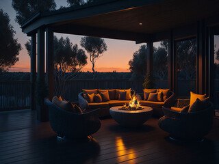 Sunset on the terrace of a modern house.
