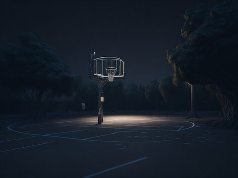 Basketball court at night with basketball hoop and trees.