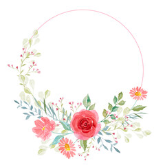 Floral Watercolor Circle Frame With Roses, Wildflowers, Weeds and Foliage