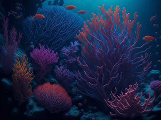 Underwater scene with corals and fish.