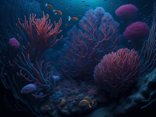 Naklejka na ściany i meble Underwater scene with corals and fish.