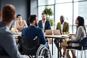business people in wheelchair having business meeting with team at modern office. A group of young freelancers agree on new online business projects