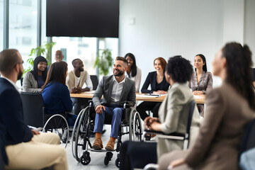 business people in wheelchair having business meeting with team at modern office. A group of young freelancers agree on new online business projects