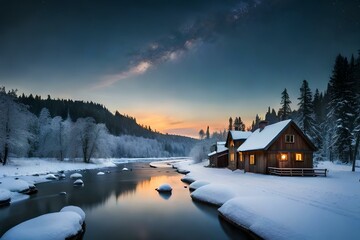 winter sunset in the mountains generated ai