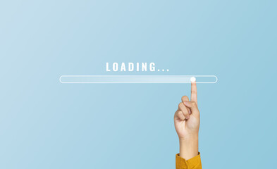 Man hand touching loading bar for countdown. Loading concept