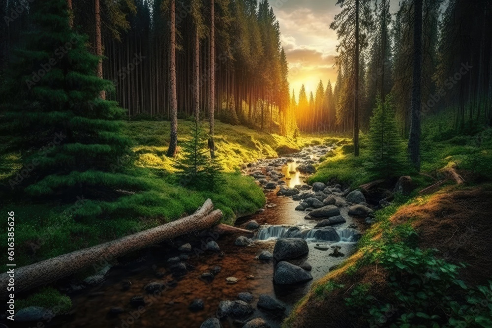 Poster serene stream flowing through a dense and verdant forest. generative ai
