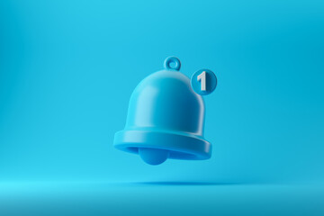 Notification with bell icon on a blue background. 3d rendering. Alarm clock, reminder, mobile phone concept.