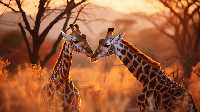 Two giraffes in the savanna at sunset, South Africa AI Generative