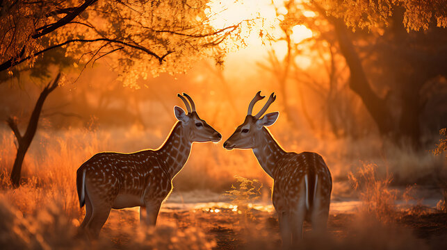 Two fallow deer with antlers in the morning light Wildlife scene from nature AI Generative