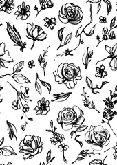 Hand drawn set of fantasy flowers - seamless/tileable pattern (pencil drawing)