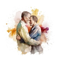 Watercolor painting of an LGBT couple aged fifty