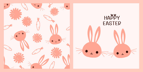 Seamless pattern with bunny rabbit cartoon, cute flower and carrot on pastel pink background vector illustration. Cute childish print.