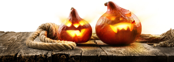 Scary halloween  pumpkin on desk. Halloween concept