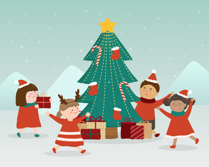 Winter Christmas tree and family decorating Christmas tree in the snow.