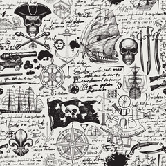 Vector abstract seamless pattern with Jolly Roger skulls, crossbones, pirate flag, swords, guns, caravels and other nautical symbols. Vintage hand-drawn background with illegible handwritten notes