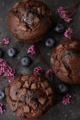 Homemade chocolate muffins with fruit and flower props on a dark background. Sill life food photography.