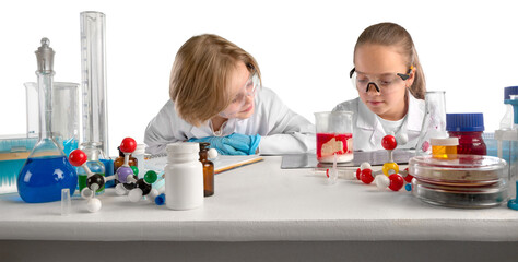 Diversity children doing a chemical experiment in laboratory . Happy kids at elementary school learning science chemistry . Chemistry school concept.