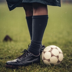 Fototapeta premium Football player with soccer ball. Legs and soccer ball in stadium..