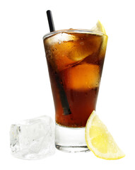 Cola with Lemon and clear Ice Cubes on Transparent PNG Background