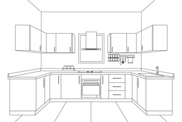 Vector line art kitchen drawing