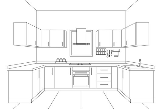 Vector line art kitchen drawing