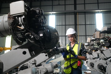 Female Automotive Engineer Wearing Hard Hat, Standing, Using Laptop. Monitoring, Control, Equipment Production. Automated Robot Arm Assembly Line Manufacturing Electric Vehicle