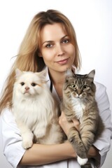 Portrait of a young veterinarian with two cats on a white background, Generative AI