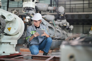 Female Automotive Engineer Wearing Hard Hat, Standing, Using Laptop. Monitoring, Control, Equipment...