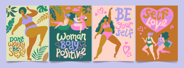 Body positive dancing girls. Unique vector hand drawn inspirational positive quote - Be yourself. Self love. Dont worry be sexy. Modern typography.