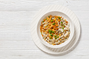 Chicken Rice Casserole in white bowl, top view