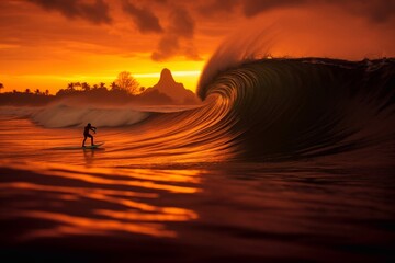Surfing at Sunset. Young Man Riding Wave at Sunset. Outdoor Active Lifestyle. Generative AI