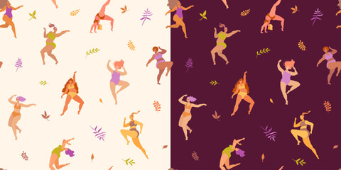 Seamless pattern Bodypositive dancing girls and various leaves.