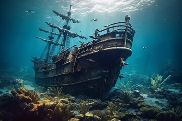 Fototapeta premium Large shipwreck from the stern Generative AI