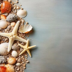 Fototapeta na wymiar Sea sand with starfish and shells. Top view with copy space. Generative AI