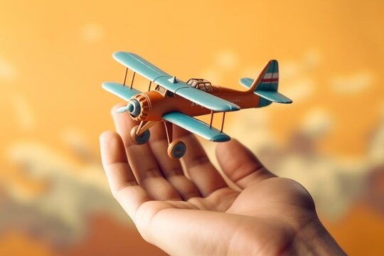 close up photo of male hand holding toy airplane against blue sky . image is retro filtered Generative AI