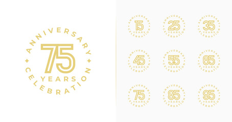 Set of anniversary logo design. 15, 25, 35, 45, 55, 65, 75, 85, 95, birthday symbol with gold color and minimal style