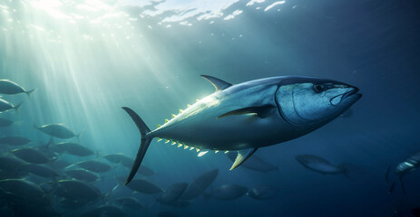 Fototapeta premium Fishing in the sea. tuna fish underwater view. Generative AI