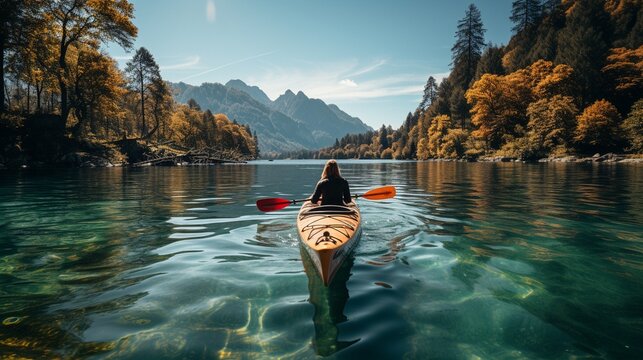 Back picture of a lady paddling in a kayak among some Alps