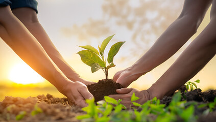 people hands planting small tree in sunset. concept save earth, Ai generative