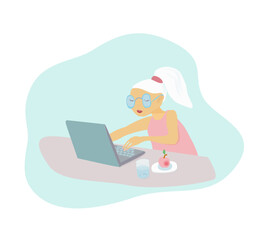 Young woman works on her desktop , sitting at desk, looking at computer monitor screen. Woman in glasses personage. Illustration with   laptop,  apple and water glass.