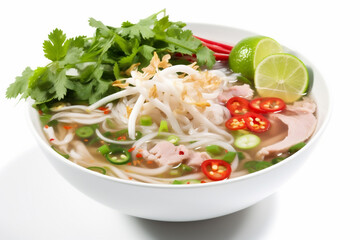 soup food background bowl dish noodle healthy traditional broth asian white. Generative AI.