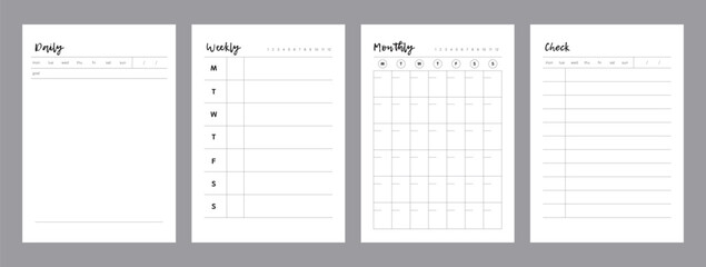 4 set of daily, weekly, monthly, check planner. Minimalist planner template set. Vector illustration.