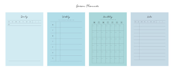 (Ocean) 4 set of daily, weekly, monthly, check planner. Minimalist planner template set. Vector illustration.