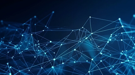 Abstract connected dots and lines on blue background. Communication and technology network concept with moving lines and dots. Generative AI