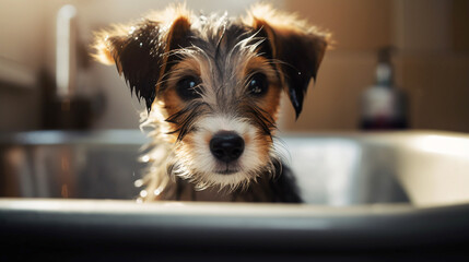 Cute puppy dog in bathtub   pets cleaning. Generative AI